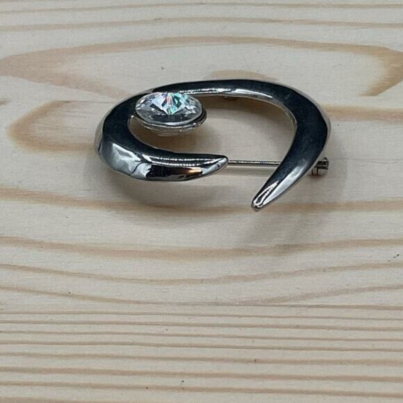 Silver-Tone Spiral Brooch With Clear Rhinestone Accent - Picture 3 of 4